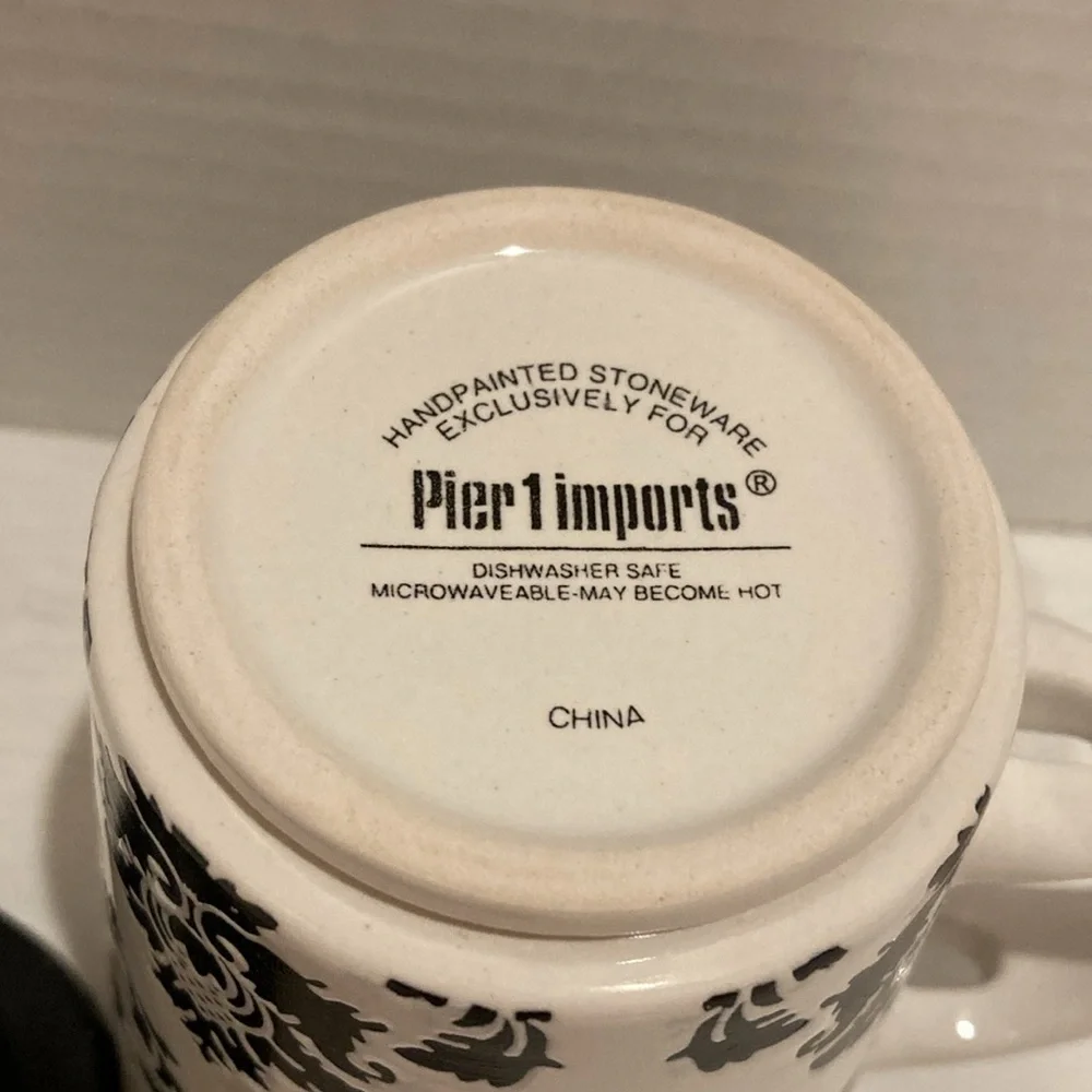 Pier 1 White and Black Damask Design Handpainted Stoneware Mug Cup